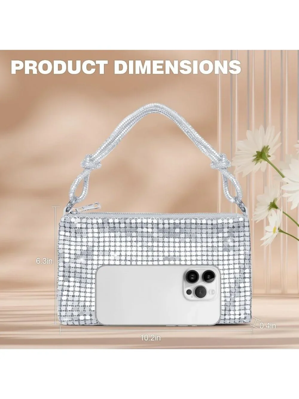 Women's Silver Rhinestone Evening Sparkly Crystal Slouchy Shoulder Clutch Purse